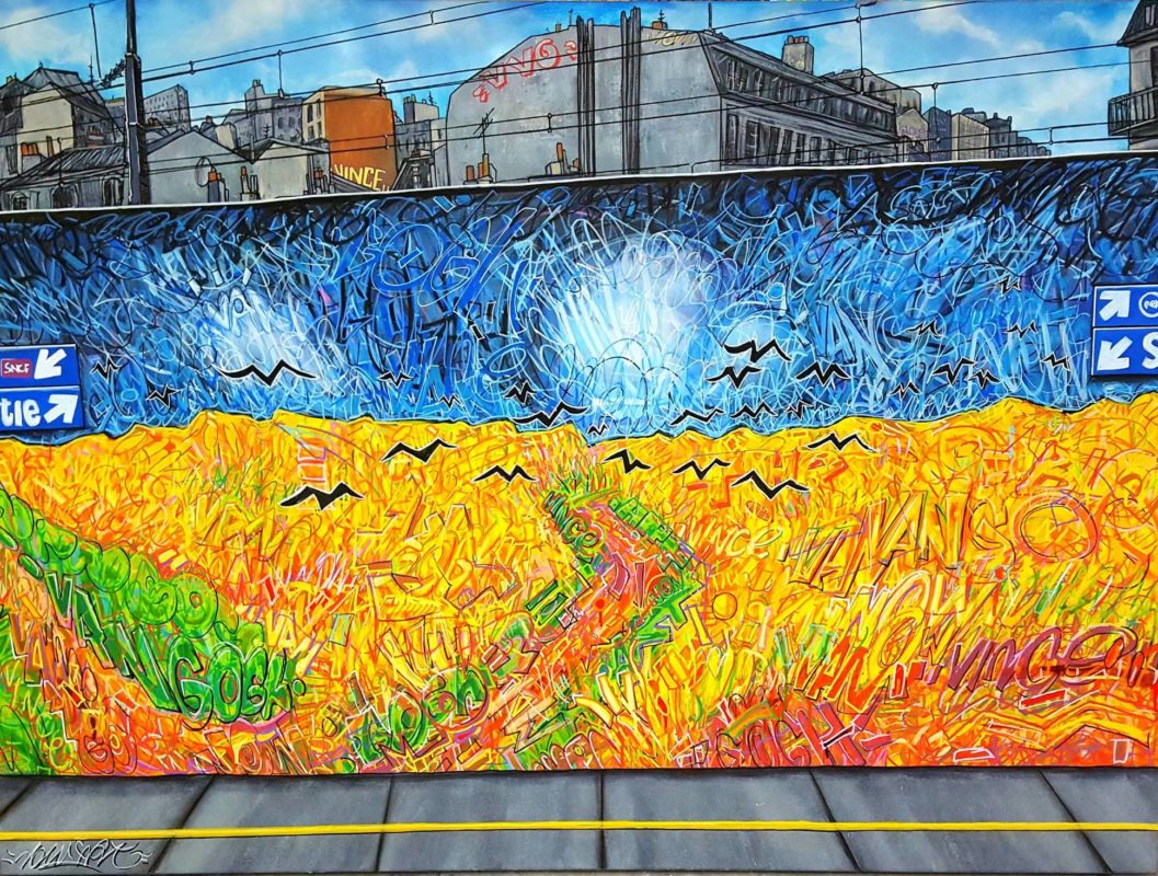 Nowart, «Champ de Corbeaux. Dans La Ville. D'après Van Gogh», 2018, acrilico, pennarello e spray su tela, 110x150 cm, courtesy artista.